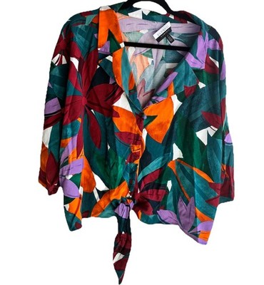 Eloquii Elements Women's Tropical Print Button Up Blouse With Tie Front Size 24
