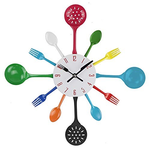Wall Clock, 16" Metal Kitchen Cutlery Utensil Spoon Fork Wall Clock Colorful