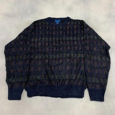 Vintage Abstract Knitted Jumper Patterned Grandad Knit Sweater Men's L