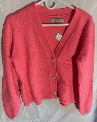 LOFT Women's Solid Pink Knit V-Neck Button Front Long Sleeve Cardigan Sweater M