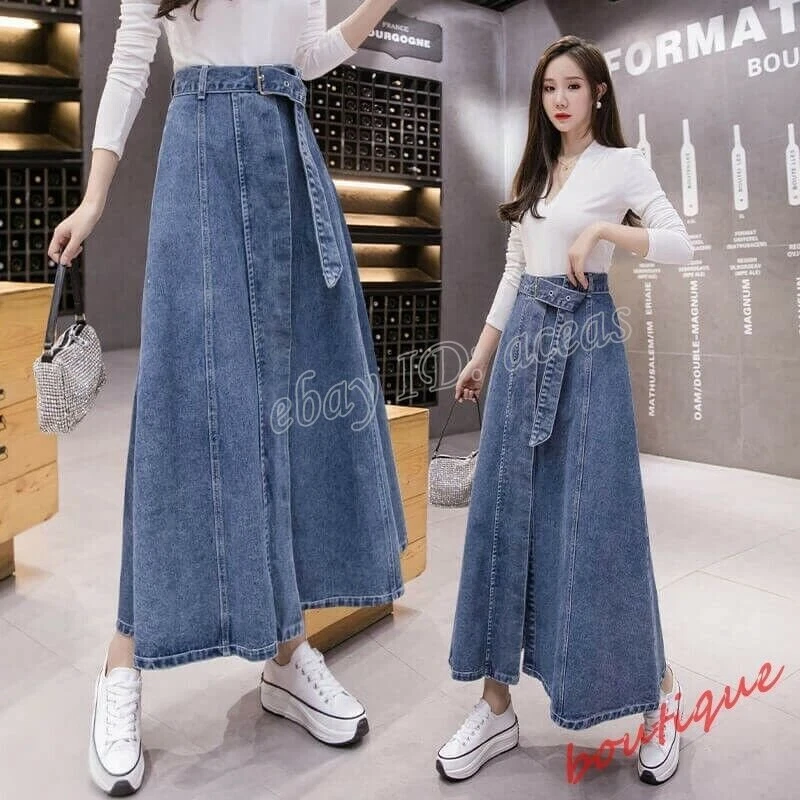 Womens High Waist A-line Skirts Long Denim Skirt Pleated Gown Jeans Casual  Dress