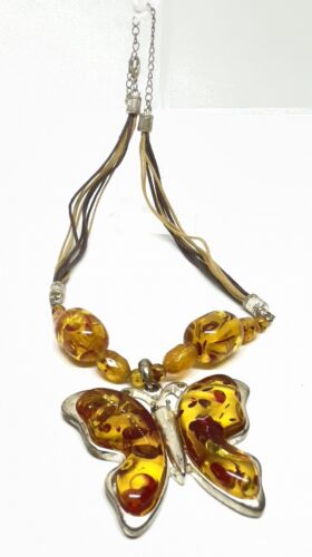 Vintage Silver Tone Amber Butterfly 17” Necklace