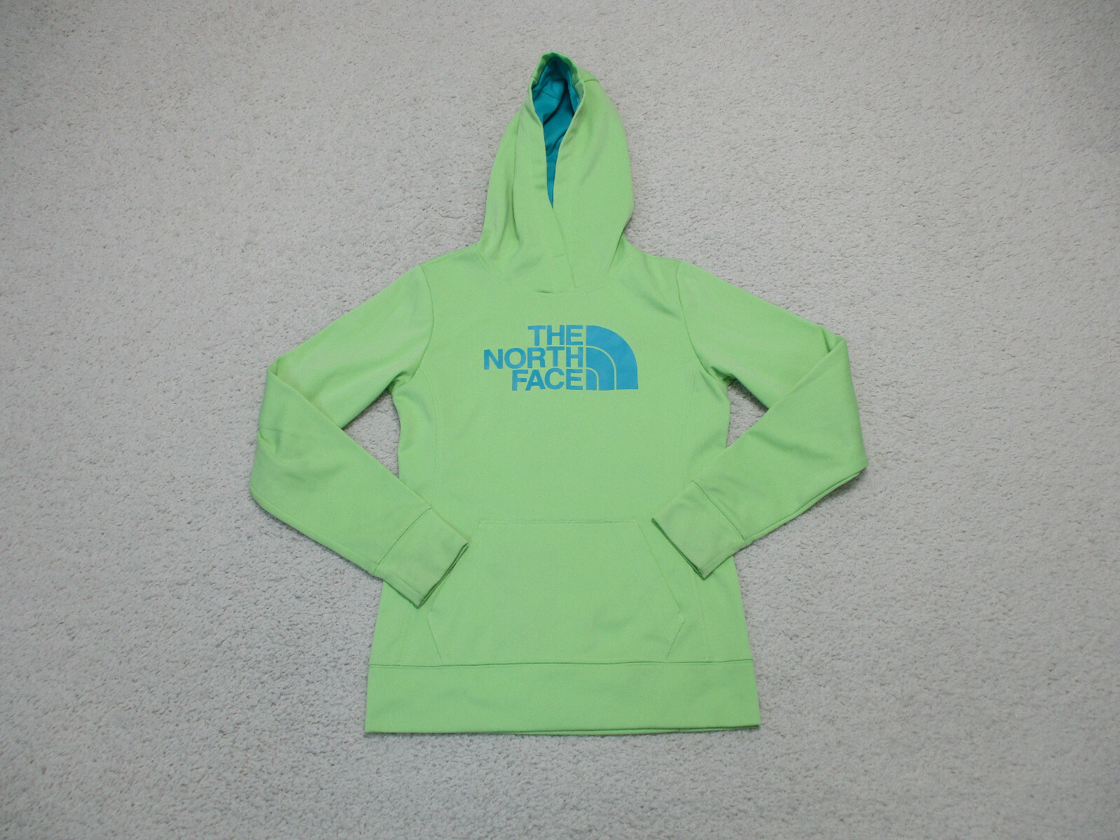 The North Face Green Hoodie Pullover with Spell Out Logo in Women's Small