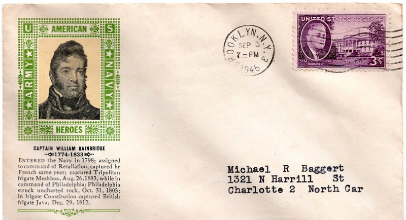 1945 BROOKLYN NY NAVAL HERO WILLIAM BAINBRIDGE ON WWII PATRIOTIC COVER w 932 FDR