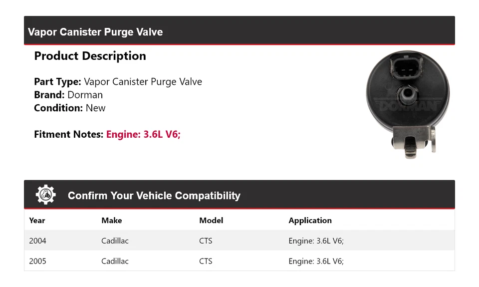 Válvula de purga de vasilha de vapor Dorman Cadillac CTS 3.6L V6 2004-2005 - Imagem 2 de 4