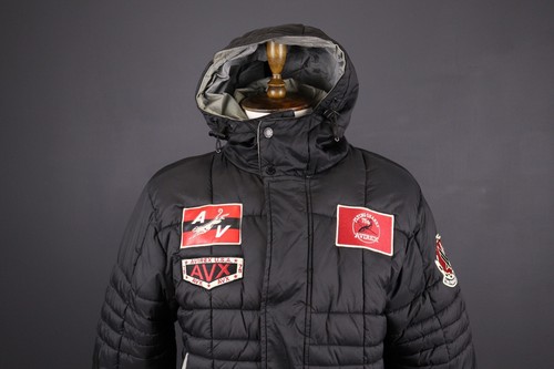 AVIREX Black Full Zip Hooded Patched Quilted Puffer Jacket Size L - Picture 2 of 19