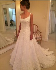 A Line Square Neck Lace Beaded Sequins Wedding Dresses Bridal Gowns 2 4 6 8 10 