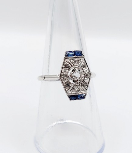 Anillo marquesa art deco oro blanco 18k diamante talla rosa zafiro calibrados... - Imagen 7 de 9
