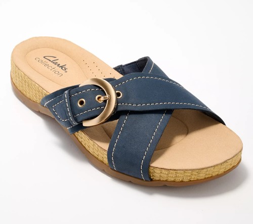 Clarks Collection Reileigh May Leather Slide Sandals Navy 7/M Used