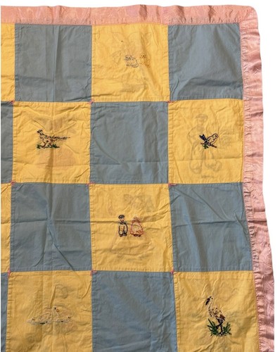 Vintage Wende-Babydecke bestickt gebunden ~ 40 x 44 ~ Kinder der Welt ~ Vögel - Bild 12 von 14