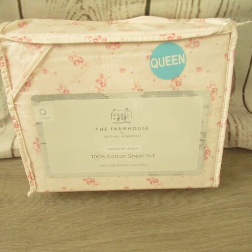 New The Farmhouse Rachel Ashwell Sheet Set Queen Pink Rose Floral Shabby Chic