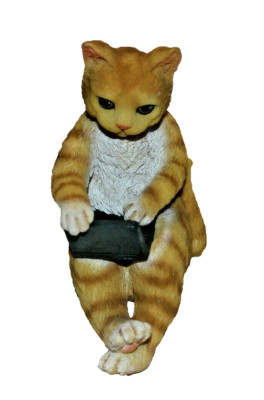 HEAVY RESIN CAT SHELF SITTER YELLOW TIGER STRIPE HOLDING LAPTOP TABLET COMPUTER