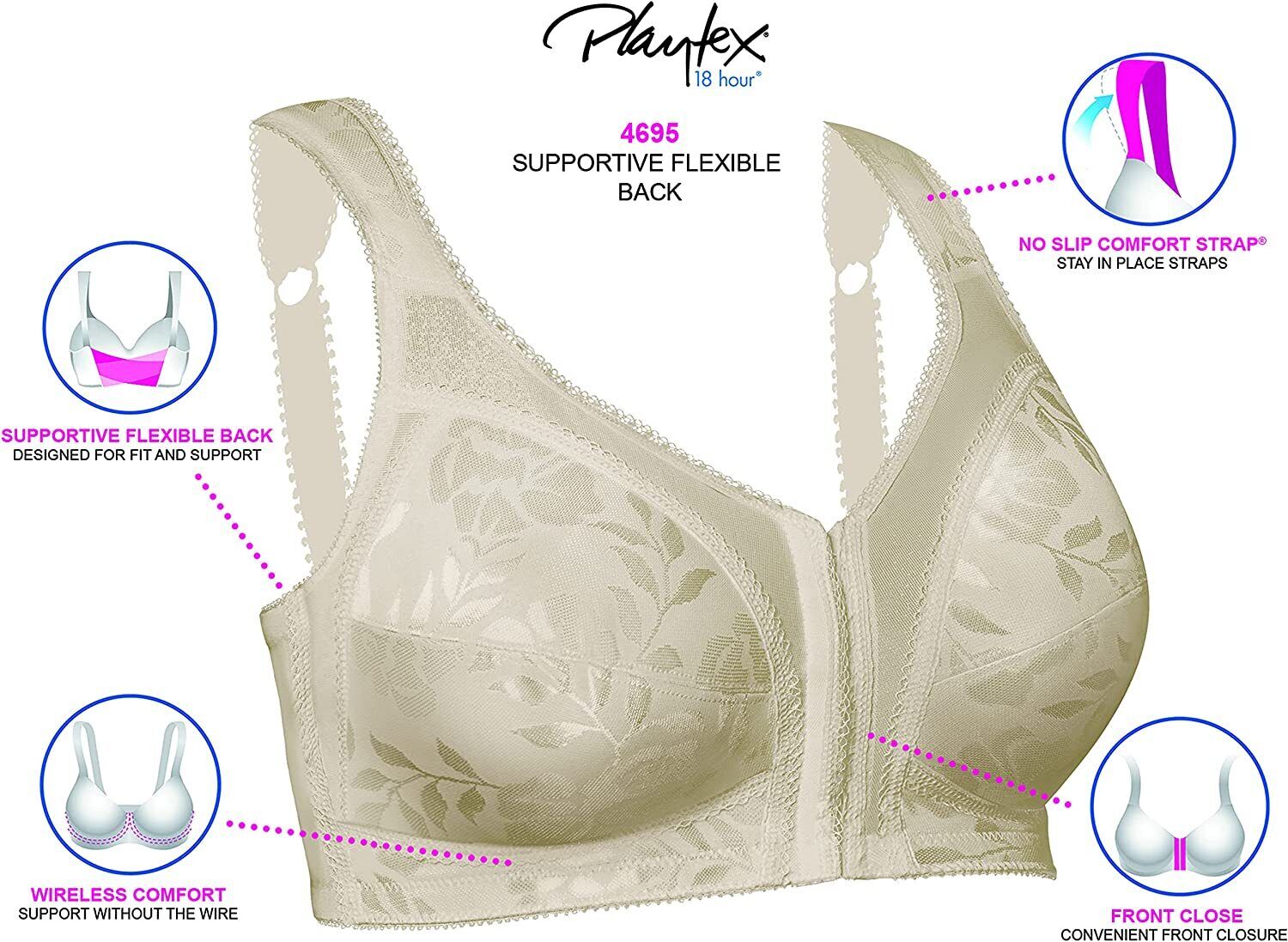 Playtex Women's 18 Hour Front-Close Wirefree Bra With Flex Back – Contino