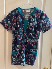 UA scrub top- teal, blue and red floral design, Size Small