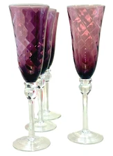 Set of 4 Purple Amythest French Country Swirl Optic Champagne Glasses Ball Stem