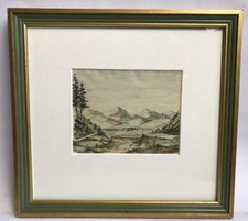 Antique Watercolour Painting Country Scene Signed Rei 45 Landscape Mount Framed