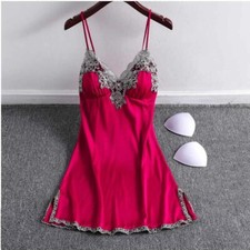 Women Shiny Satin Slip Dress Sleepwear Chemise Sleeveless Lace Trim Nightgown