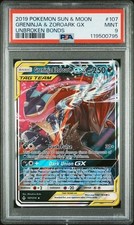 PSA 9 MINT Pokemon Greninja & Zoroark GX 107/214 Ultra Rare 2019 Unbroken Bonds