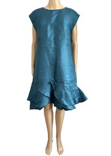 OSCAR DE LA RENTA Teal Pure Silk Ruffle Hem Party Dress UK 12 US 8 IT 44 BNWT