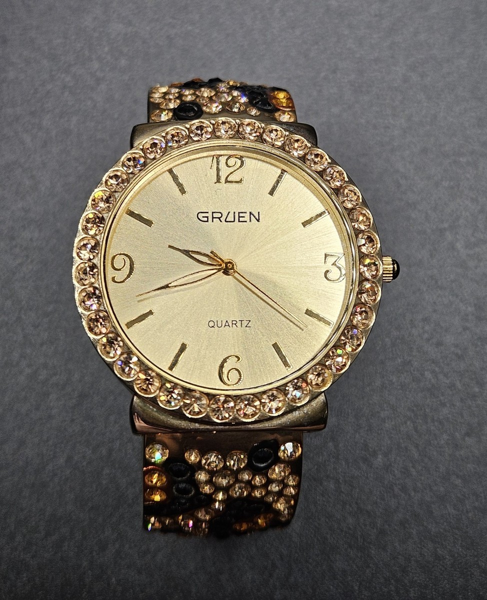 Vintage Gruen Gold-Tone Oval Cuff Watch with Black Dial Gruen Women Oval Wristwatches | eBay main image 3