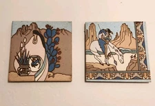 2 1990 Earthtones Tiles Trivets Signed Gale Tuoti Tu-Oti Tucson Az Art Gold 6"