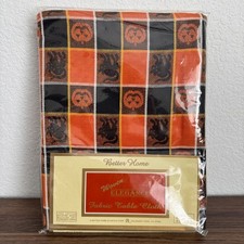 Vintage Halloween Plastic Tablecloth Black Ca...