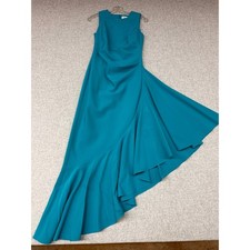 Eliza J Maxi Dress Size 4 Teal Blue Ruched Asymmetrical Ruffle Hem Sleeveless Go