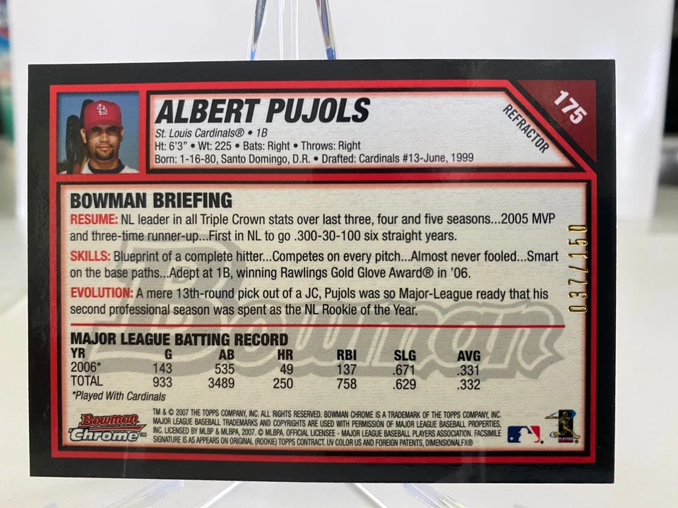 Bowman Chrome 'Blue Refractor' 2007 Albert Pujols #175 serie 037/150 Foto 3 de 3