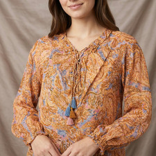 Democracy Women's Paisley Blouse Boho Tassel Tie Neck Ruffle Sleeve M