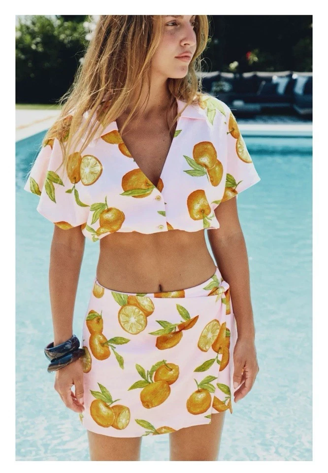 ZARA ORANGE FRUIT PRINT LINEN Co- Ord CROP TOP Or SKiRT SIZE XS S M - Image 4 of 4