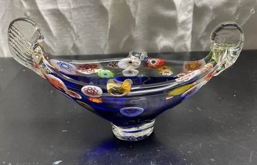 Vintage Murano Glass Gondola Millefiori Ashtray Dish Colorful Pattern Italy