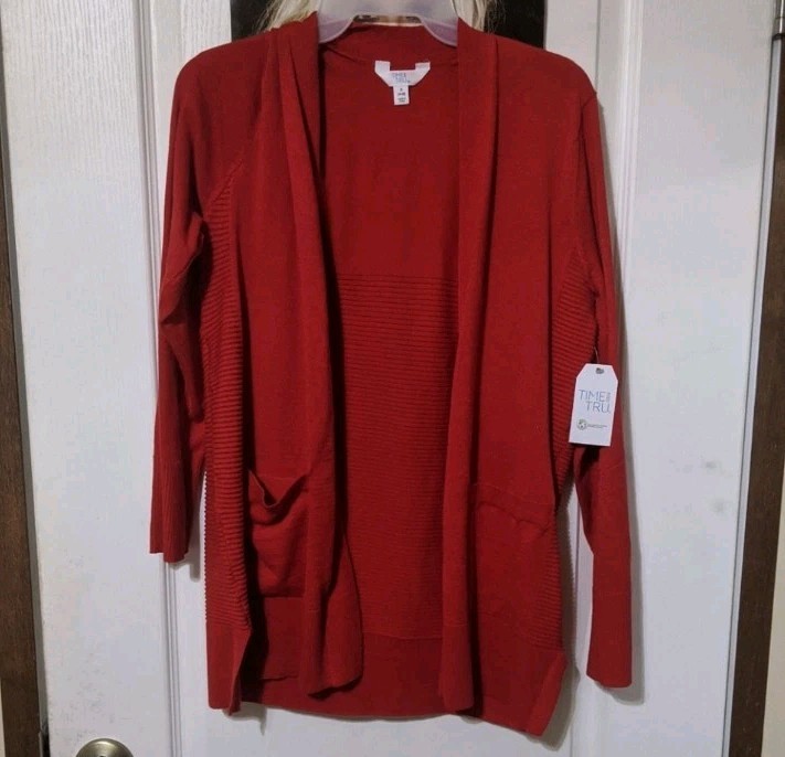 Time and Tru Red Open Front Knit Long Cardigan Sweater with Pockets in Small