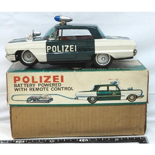 イチコーPOLIZEIパトカー白緑 小 リモコン欠tinブリキtoy car箱付 Ichiko POLIZEI police car white green small remote control missing