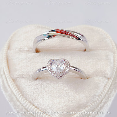 Couple Band Ring 14K White Gold Plated 2Ct Heart Wedding Lab Created Diamond