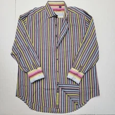 ROBERT GRAHAM Blue Green Red Embroidered Striped Shirt Men's XL Contrast Cuffs 