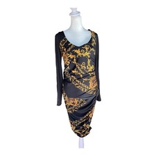 VENUS Slinky Body Con Black Gold Chain Stretch Ruched Sides Dress Sz S