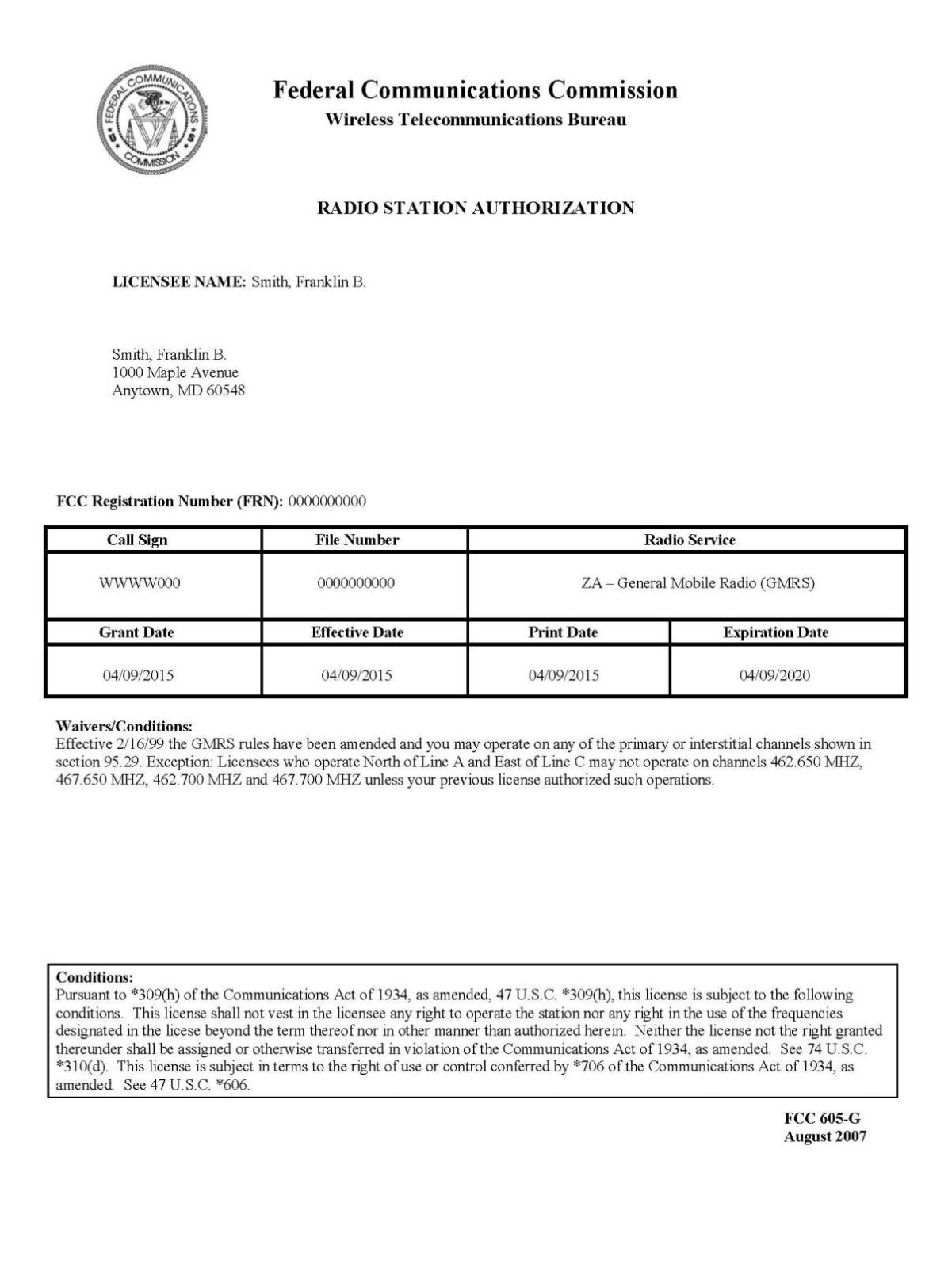 FCC GMRS License Print * General Mobile Radio Service License * KE3GK | eBay