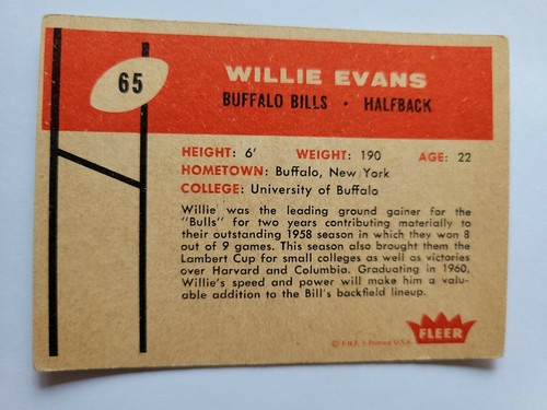1960 Fleer #65 Willie Evans VG - Picture 2 of 2