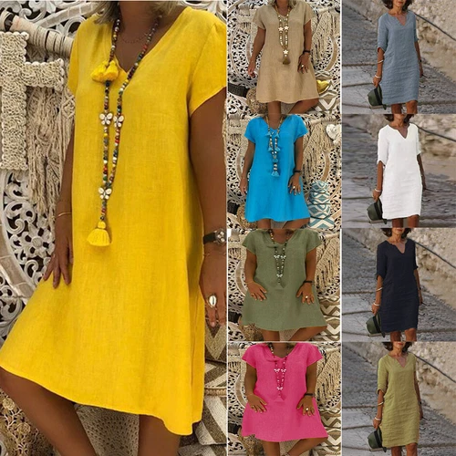 Women Short Sleeve Cotton Linen Midi Dress Ladies Solid V Neck Loose Sundress US - Bild 2 von 40