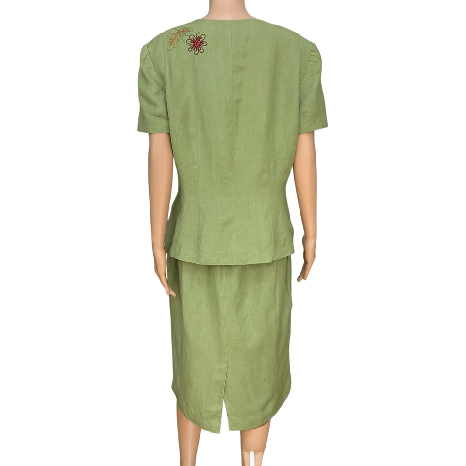 Donna Morgan vintage Green Skirt Suit Linen Blend Floral Embroidered Jacket 16 - Image 3 of 4
