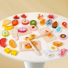 Wooden Play Food Cutting Set for Kids   Pretend Kitchen Toy with Hook  Loop