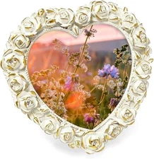 Isaac Jacobs 5x5 White with Gold Heart Shaped Rose Border Resin Frame, Photo...