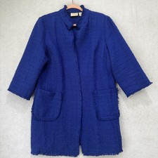 Chicos Jacket Womens 2 Blue Textured Fringe Open Front Pockets Casual Boho Coat