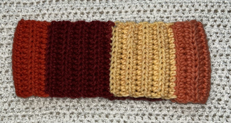 Diadema de ganchillo calentador de orejas acogedor otoño invierno amarillo naranja rojo rayas hecho a mano Foto 3 de 3