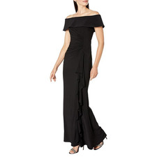 XSCAPE Long Ity Dress Women's 6 Black Stretch Ruched Off-the-Shoulder FROG150