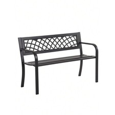 Black Outdoor Garden Bench with Lattice Back Slatted Seat and Armrests