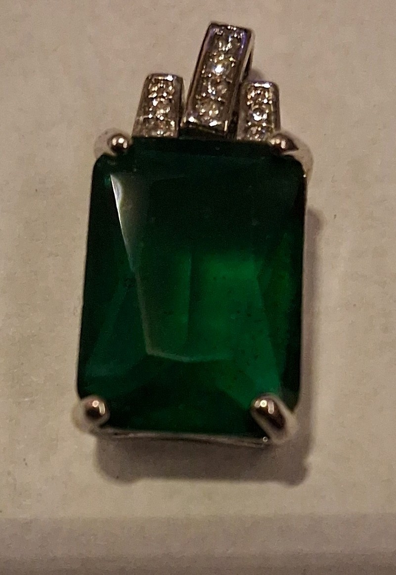 Green Emerald Rectangle Pendant Silver Prong Sett… - image 1