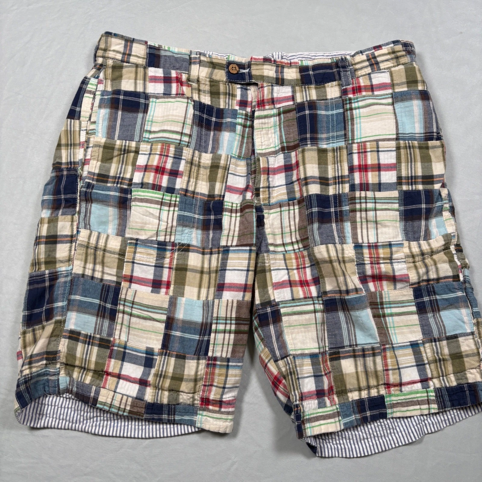 Berle Shorts Mens 36 Multicolor Reversible Madras Patchwork Seersucker Cotton