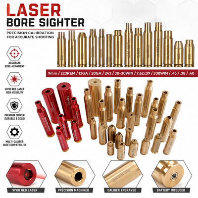 Laser Bore sight 9MM/223REM/243/308/7.62/12GA/38/20GA/.40 Cartridge Boresighter