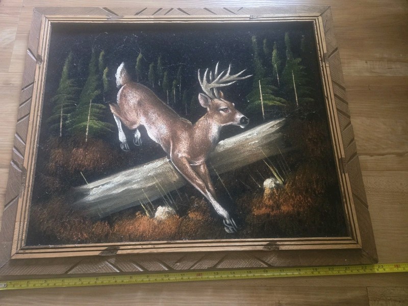 Vintage Buck Deer Velvet Painting Mexico Wooden Frame Forest 